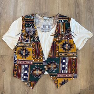 Vintage Backroad Blues Vest Top Patchwork Aztec Southwest Fringe Bohemian Large